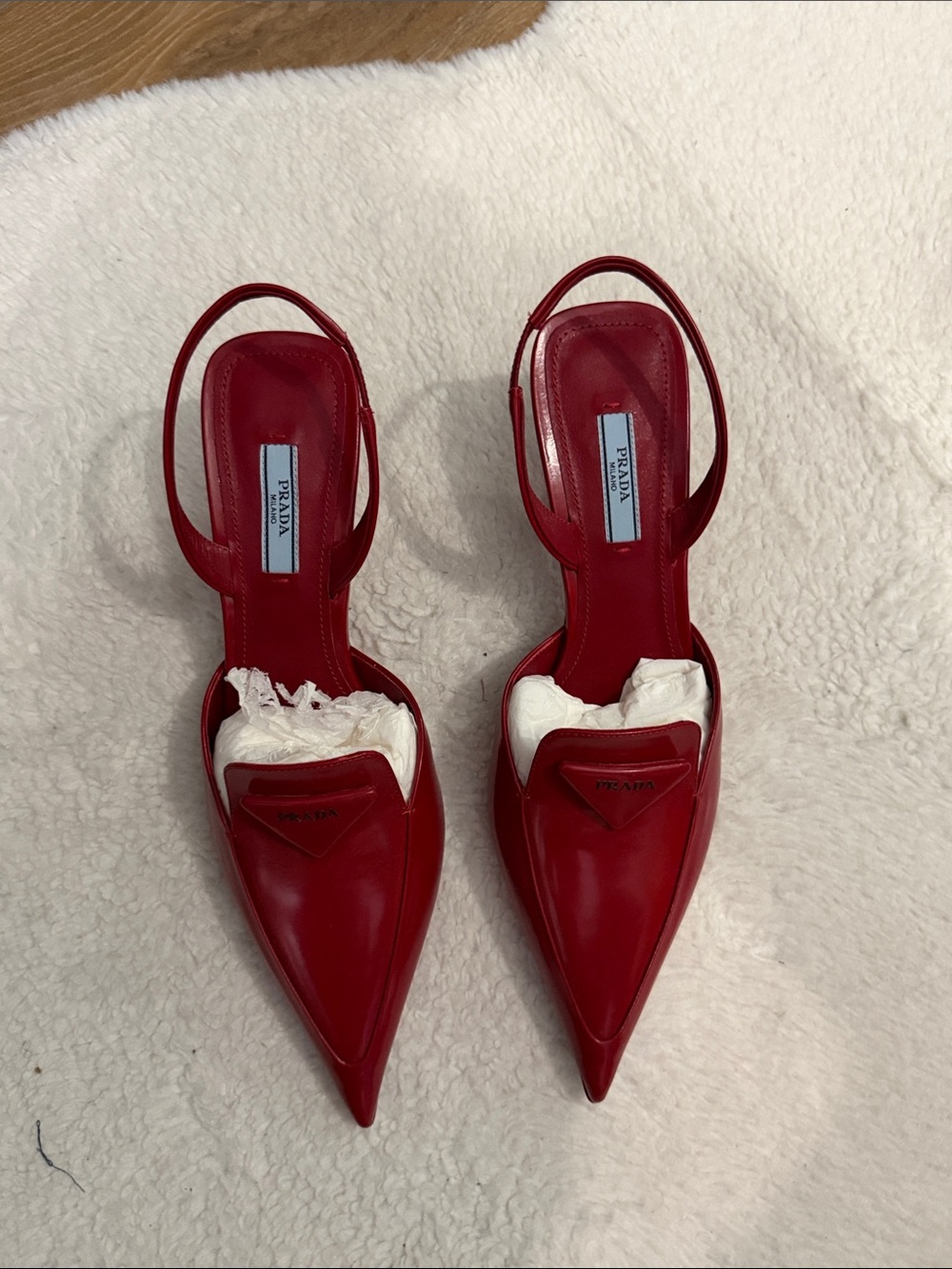 Prada Red Pointed Slingback Pumps with Logo Plaque